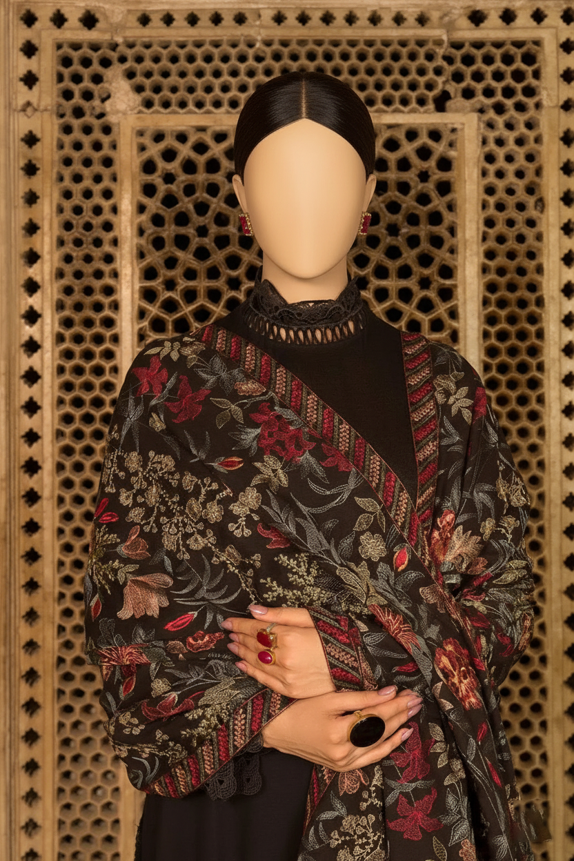 Grace premium D50- Embroidered Karandi Black Shawl.