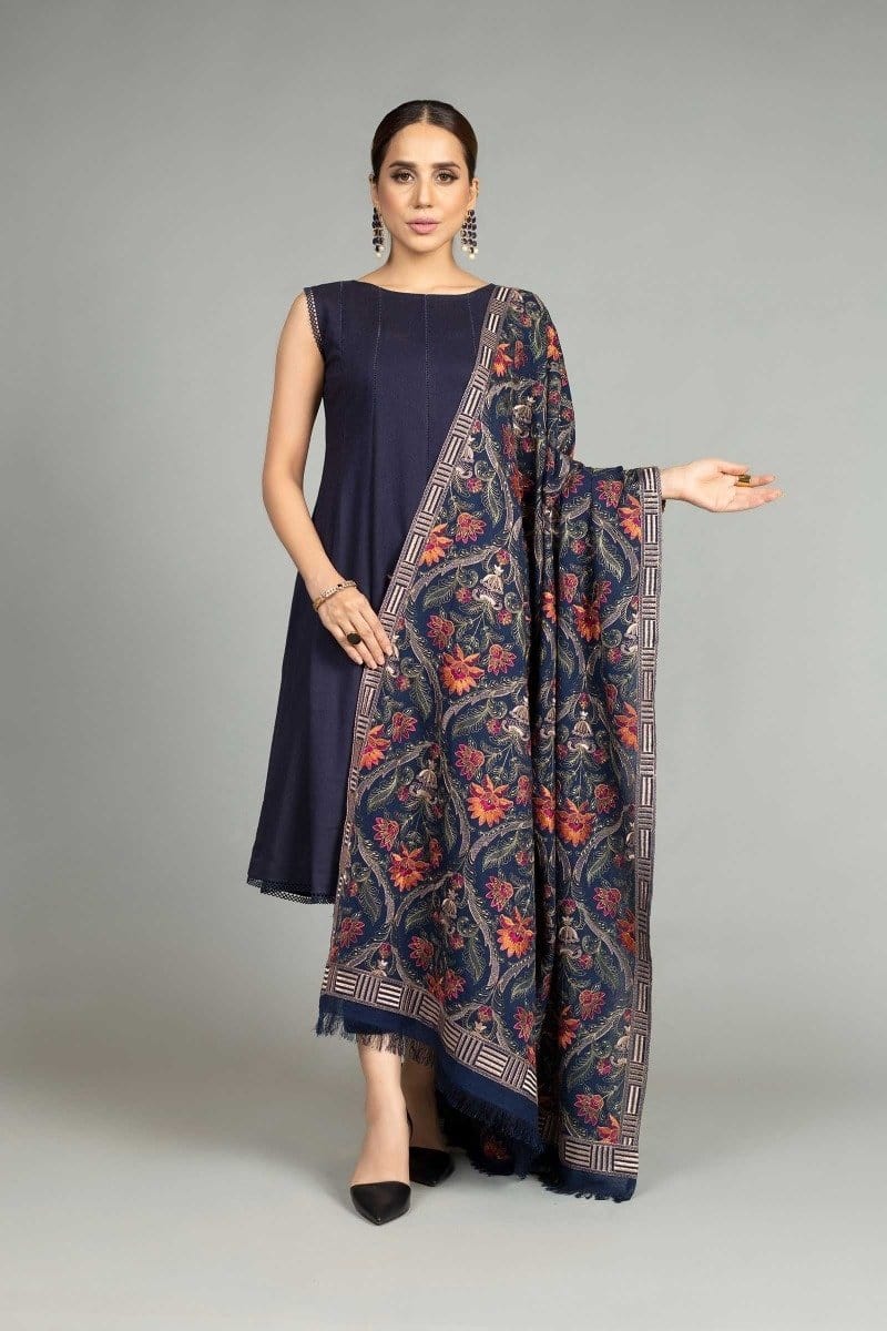 Grace premium D49- Embroidered Karandi Navy Blue Shawl.