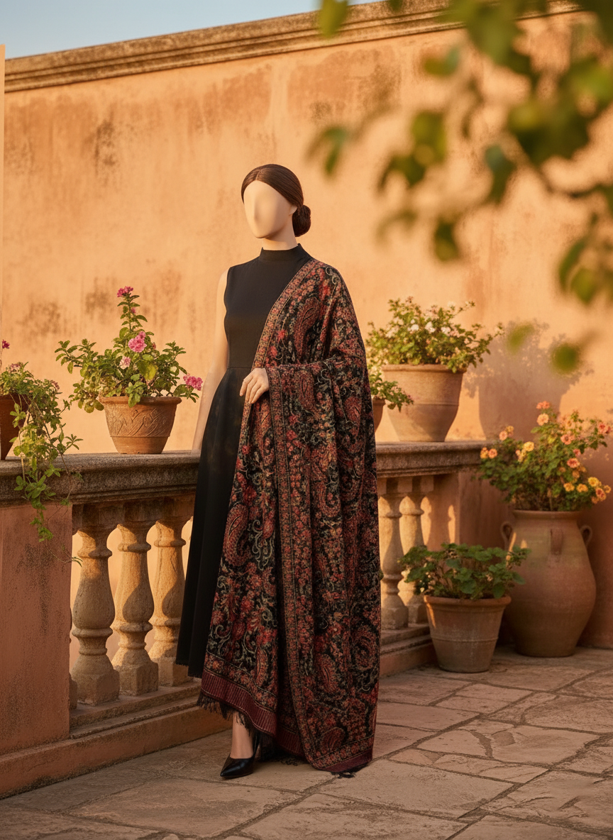 Sarinnah D13 Black - Formal heavy Embroidered Karandi Shawl